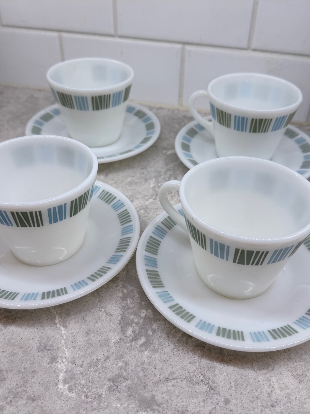 Vintage JAJ Pyrex Milk Glass Cup and Saucer Set of 4